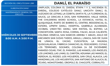 Foto de las Zonas de Danlí, El Paraíso estarán sin energía este miércoles 30 de septiembre, según la ENEE.