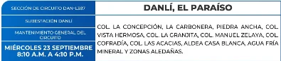 Foto de las Zonas de Danlí, El Paraíso que estarán sin energía eléctrica este miércoles 23 de septiembre, según la ENEE.