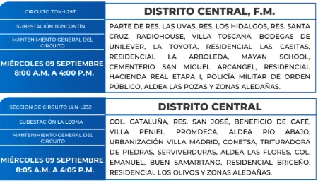 Foto de las Zonas de el Distrito Central que estarán sin energía este miércoles 9 de septiembre, según la ENEE.