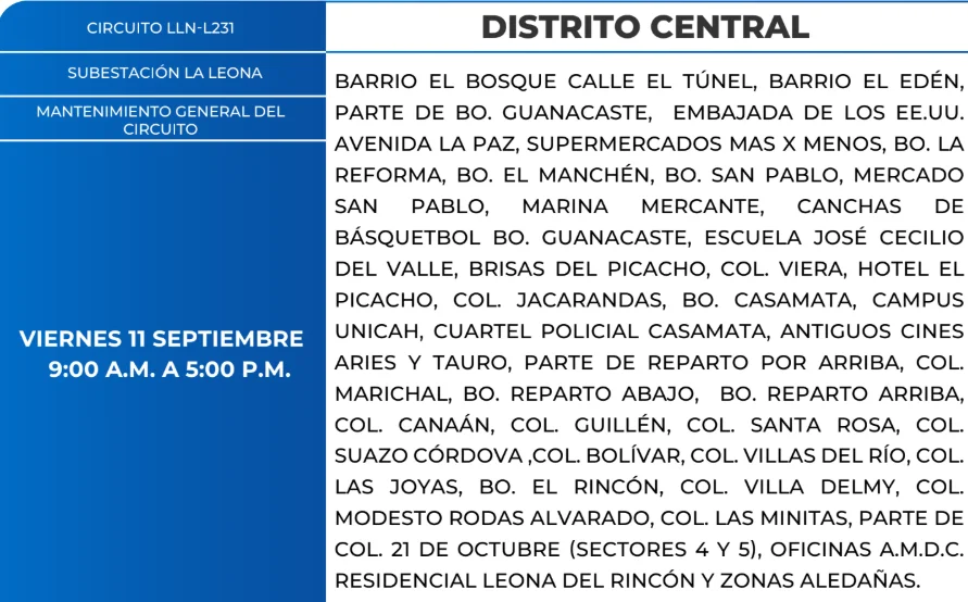 Foto de Zonas de el Distrito Central que estarán sin energía este viernes 11 de septiembre, según la ENEE.