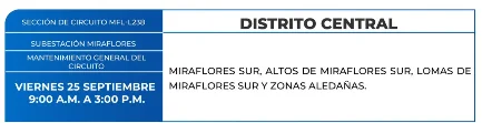 Foto de las Zonas de el Distrito Central que estarán sin energía eléctrica este viernes 25 de septiembre, según la ENEE.