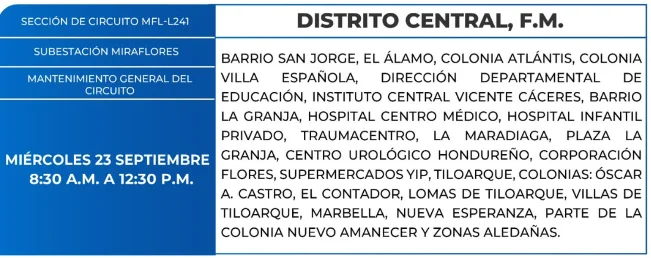 Foto de las Zonas de el Distrito Central que estarán sin energía eléctrica este miércoles 23 de septiembre, según la ENEE.