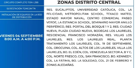 Foto de las Zonas de el Distrito Central que estarán sin energía eléctrica este viener 4 de septiembre, según la ENEE.