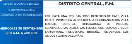 Foto de las Zonas de el Distrito Central estarán sin energía este miércoles 30 de septiembre, según la ENEE.