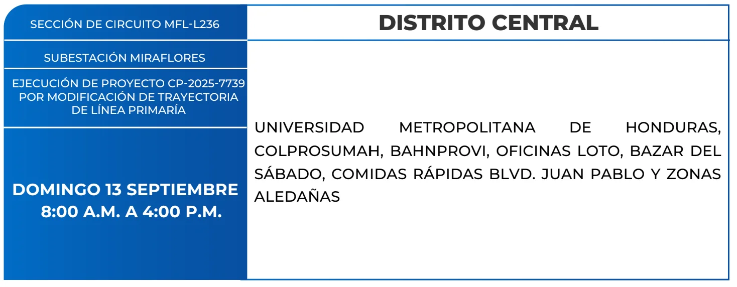 Foto de las Zonas de el Distrito Central que estarán sin energía eléctrica este domingo 13 de septiembre, según la ENEE.