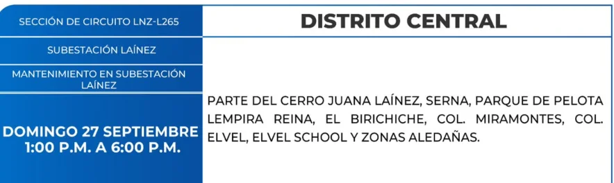 Zonas en el Distrito Central que estarán sin energía electrica este domingo 27 de septiembre, según la ENEE