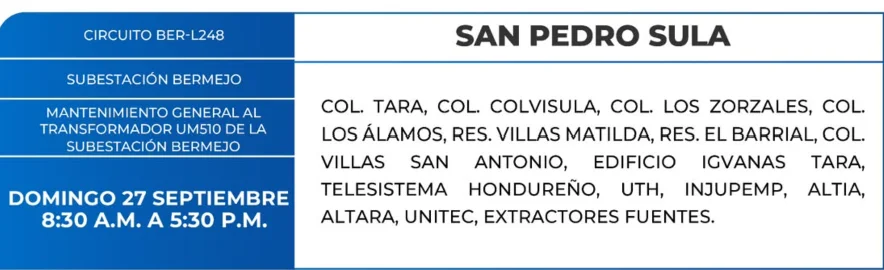 Zonas de San Pedro Sula que estarán sin energía electrica este domingo 27 de septiembre, según la ENNE.