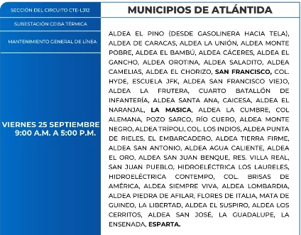 Foto de las Zonas de Atlántida que estarán sin energía eléctrica este viernes 25 de septiembre, según la ENEE.