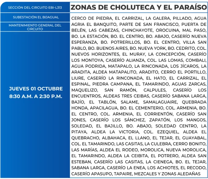 Foto de las Zonas de Chuluteca y El Paraíso estarán sin energía este jueves 1 de octubre de 2026, según la ENEE.