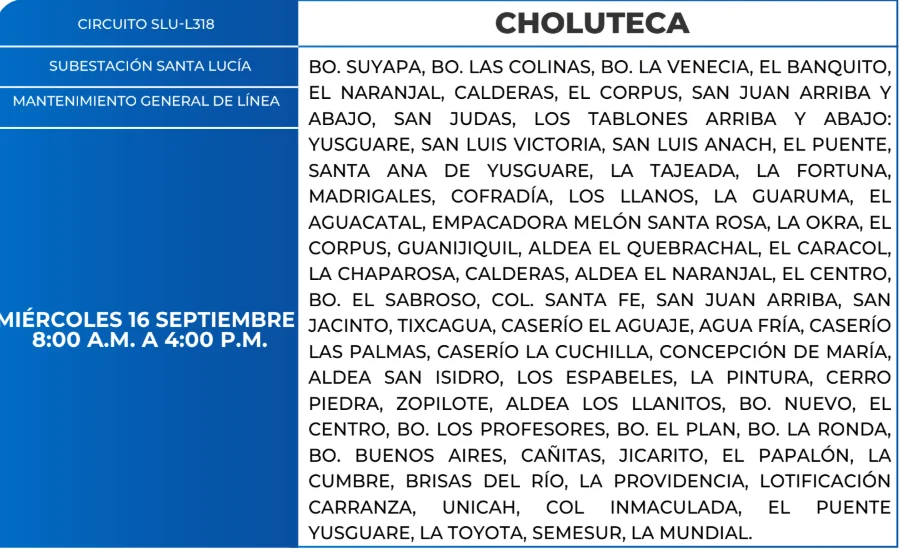 Foto de las Zonas de Choluteca estarán sin energía eléctrica para este miércoles 16 de septiembre, según la ENEE.