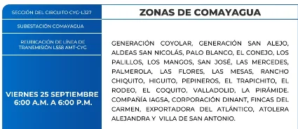 Foto de las Zonas de Comayagua que estarán sin energía eléctrica este viernes 25 de septiembre, según la ENEE.