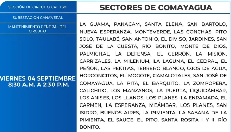 Foto de las Zonas de Comayagua que estarán sin energía eléctrica este viener 4 de septiembre, según la ENEE.