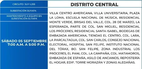 Foto de las Zonas de el Distrito Central que estarán sin energía este sábado 5 de septiembre, según la ENEE.
