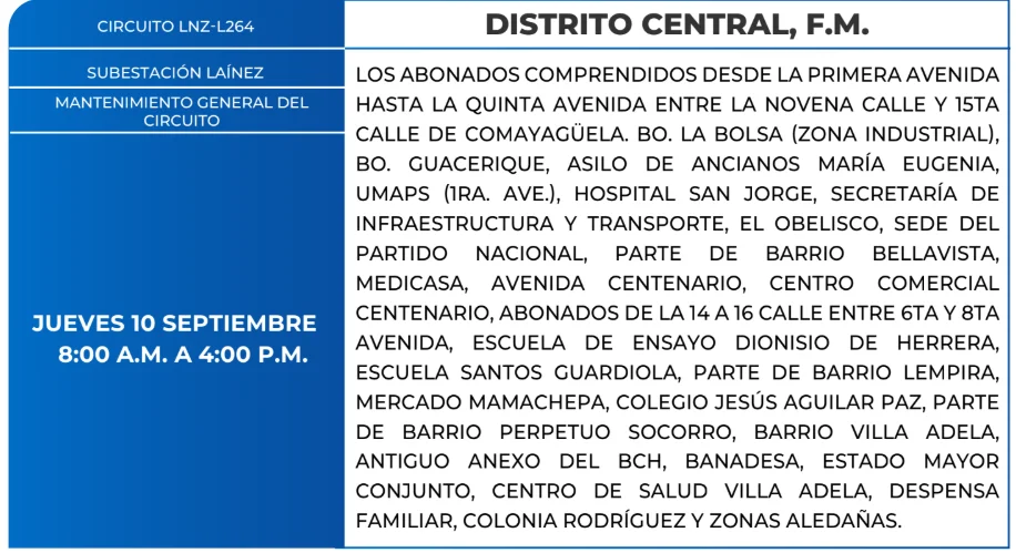 Foto de las Zonas de el Distrito Central que estarán sin energía este jueves 10 de septiembre, según la ENEE.