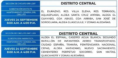 Foto de las Zonas en el Distrito Central que estarán sin energía eléctrica este jueves 24 de septiembre, según la ENEE.