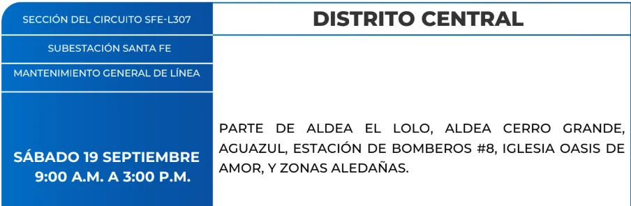 foto de las Zonas de el Distrito Central que estarán sin energía eléctrica este sábado 19 de septiembre, según la ENEE.