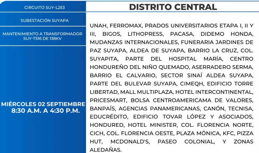 Foto de las Zonas de el Distrito Central que estarán sin energía este miércoles 2 de septiembre, según la ENEE.