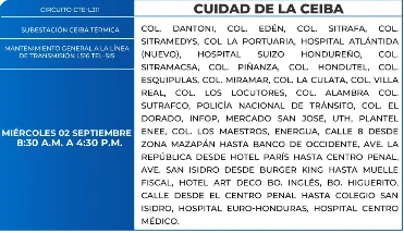 Foto de las Zonas de La Ceiba que estarán sin energía este miércoles 2 de septiembre, según la ENEE.