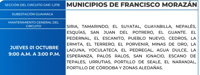 Foto de las Zonas de Francisco Morazán estarán sin energía este jueves 1 de octubre de 2026, según la ENEE.
