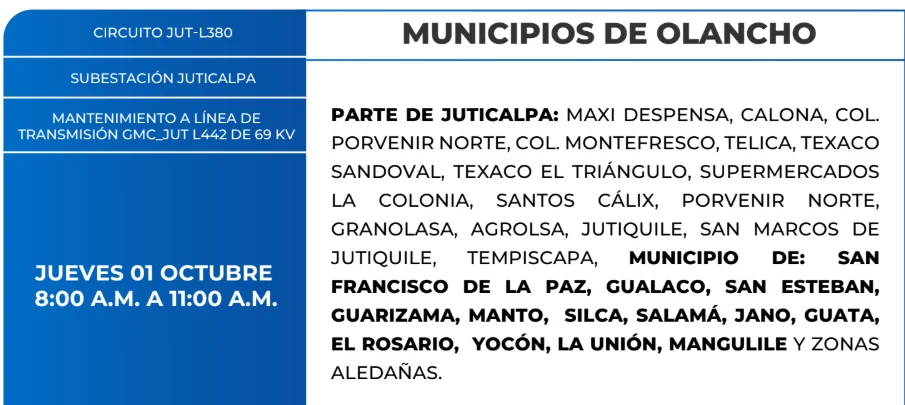 Foto de las Zonas de Olancho estarán sin energía este jueves 1 de octubre de 2026, según la ENEE.