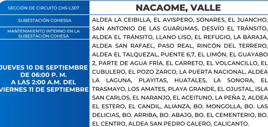 Foto de las Zonas de Nacaome, Valle que estarán sin energía este jueves 10 de septiembre, según la ENEE.
