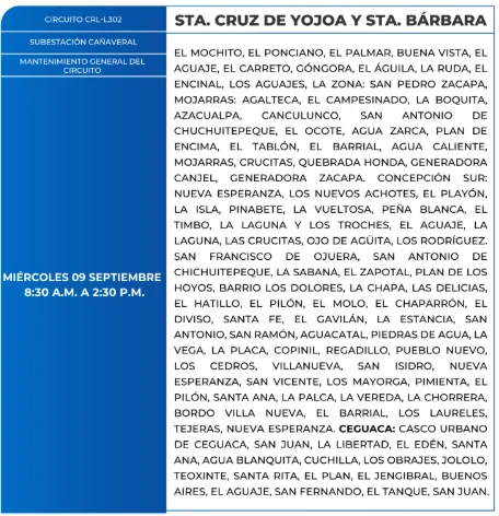 Foto de las Zonas de Santa Cruz de Yojoa y Santa Bárbara que estarán sin energía este miércoles 9 de septiembre, según la ENEE.