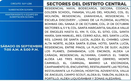 Foto de las Zonas de el Distrito Central que estarán sin energía este sábado 5 de septiembre, según la ENEE.