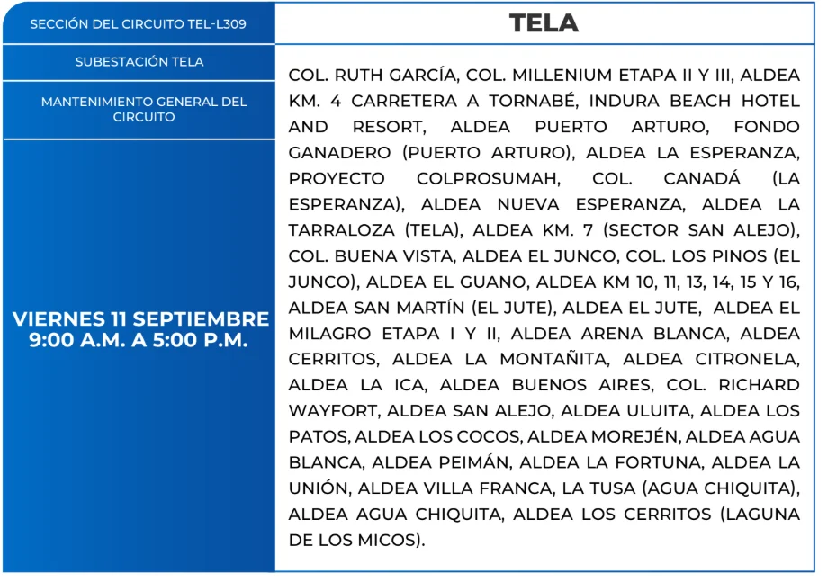 Foto de las Zonas de Tela que estarán sin energía este viernes 11 de septiembre, según la ENEE.