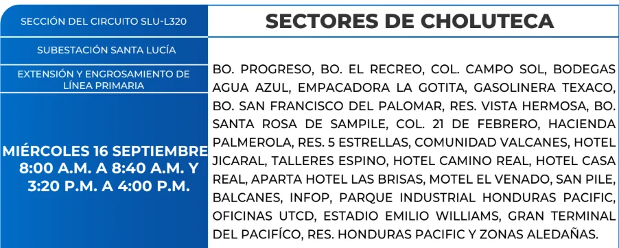 Foto de las Zonas de Choluteca estarán sin energía eléctrica para este miércoles 16 de septiembre, según la ENEE.