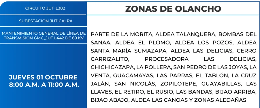Foto de las Zonas de Olancho estarán sin energía este jueves 1 de octubre de 2026, según la ENEE.