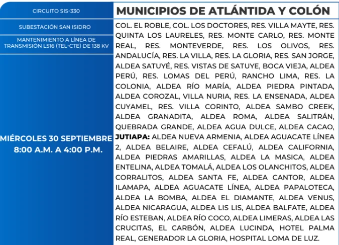 Foto de las Zonas de Atlántida y Colón starán sin energía este miércoles 30 de septiembre, según la ENEE.