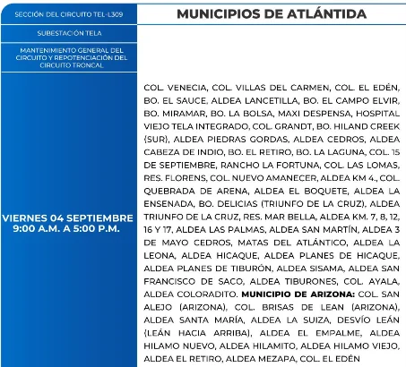 Foto de las Zonas de Atlántida que estarán sin energía eléctrica este viener 4 de septiembre, según la ENEE.