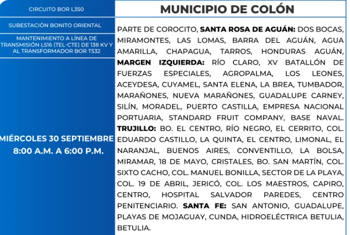 Foto de las Zonas de Colón starán sin energía este miércoles 30 de septiembre, según la ENEE.