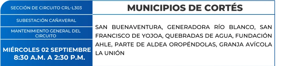 Zonas de Cortés que estarán sin energía este miércoles 2 de septiembre, según la ENEE.