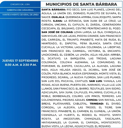 Foto de las Zonas de Santa Bárbara que estarán sin energía este jueves 17 de septiembre, según la ENEE.