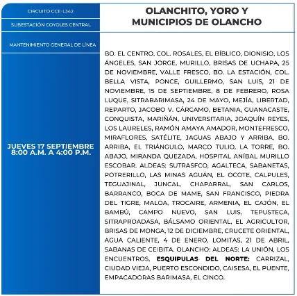 Foto de las Zonas de Olanchito, Yoro y Olancho que estarán sin energía este jueves 17 de septiembre, según la ENEE.