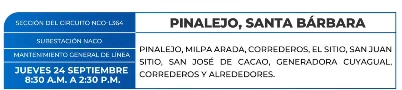 Foto de las Zonas en Pinalejo, Santa Bárbara que estarán sin energía eléctrica este jueves 24 de septiembre, según la ENEE.