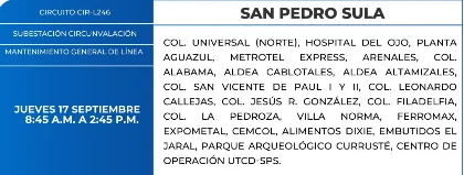 Foto de las Zonas de San Pedro Sula que estarán sin energía este jueves 17 de septiembre, según la ENEE.