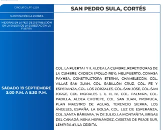 Foto de las Zonas de San Pedro Sula, Cortés que estarán sin energía eléctrica este sábado 19 de septiembre, según la ENEE.