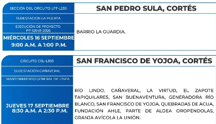 Foto de las Zonas de San Pedro Sula, Cortés y San Francisco de Yojoa que estarán sin energía este jueves 17 de septiembre, según la ENEE.
