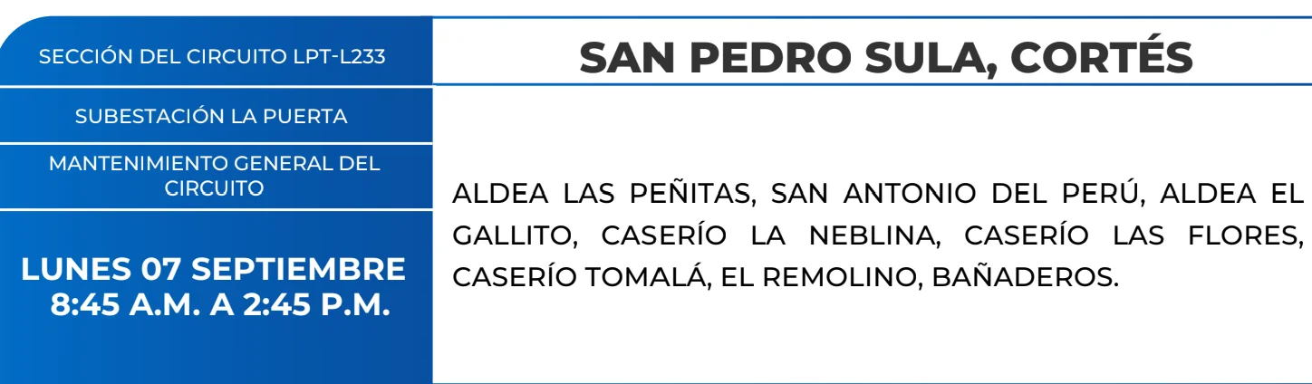 Foto de las Zonas de San Pedro Sula que estarán sin energía este lunes 7 de septiembre, según la ENEE.