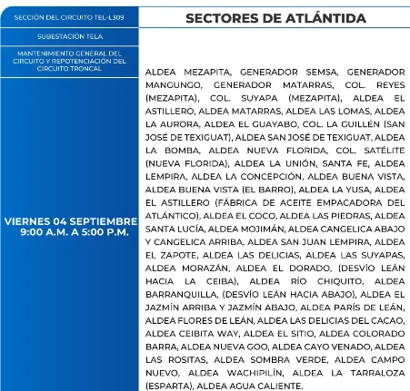 Foto de las Zonas de Atlántida que estarán sin energía eléctrica este viener 4 de septiembre, según la ENEE.