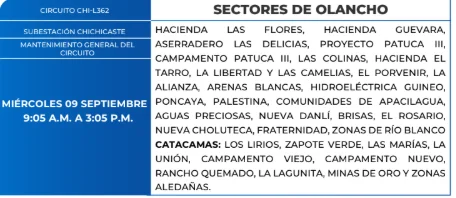 Foto de las Zonas de Olancho que estarán sin energía este miércoles 9 de septiembre, según la ENEE.