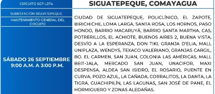 Foto de las Zonas de Siguatepeque que estarán sin energía este sábado 26 de septiembre, según la ENEE.