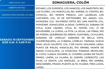 Foto de las Zonas de Sonaguera, Colón que estarán sin energía eléctrica este sábado 19 de septiembre, según la ENEE.