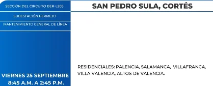 Foto de las Zonas de San Pedro Sula que estarán sin energía eléctrica este viernes 25 de septiembre, según la ENEE.