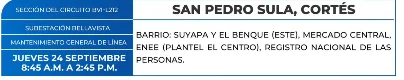 Foto de las Zonas en San Pedro Sula, Cortés que estarán sin energía eléctrica este jueves 24 de septiembre, según la ENEE.