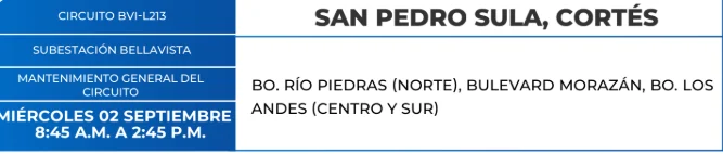 Foto de las Zonas de San Pedro Sula, Cortés que estarán sin energía este miércoles 2 de septiembre, según la ENEE.
