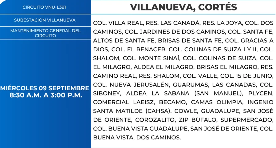 Foto de las Zonas de Villanueva, Cortés que estarán sin energía este miércoles 9 de septiembre, según la ENEE.