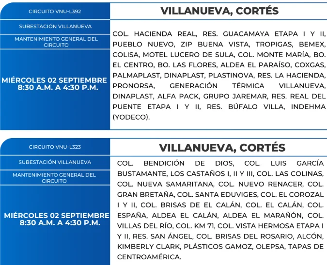 Foto de las Zonas de Villanueva, Cortés que estarán sin energía este miércoles 2 de septiembre, según la ENEE.